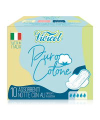 Vivicot Puro Cotone Notte, noční menstruační vložky s křidélky z přírodní bavlny 10 ks