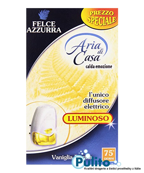Felce Azzurra Aria di Casa Luminoso Vaniglia D´orata, podsvícený bytový parfém a osvěžovač vzduchu Zlatá vanilka 20 ml.